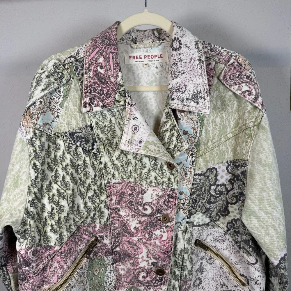 Free People Womens Patchwork Denim Jacket Paisley Floral Multi Color XS - Picture 3 of 11